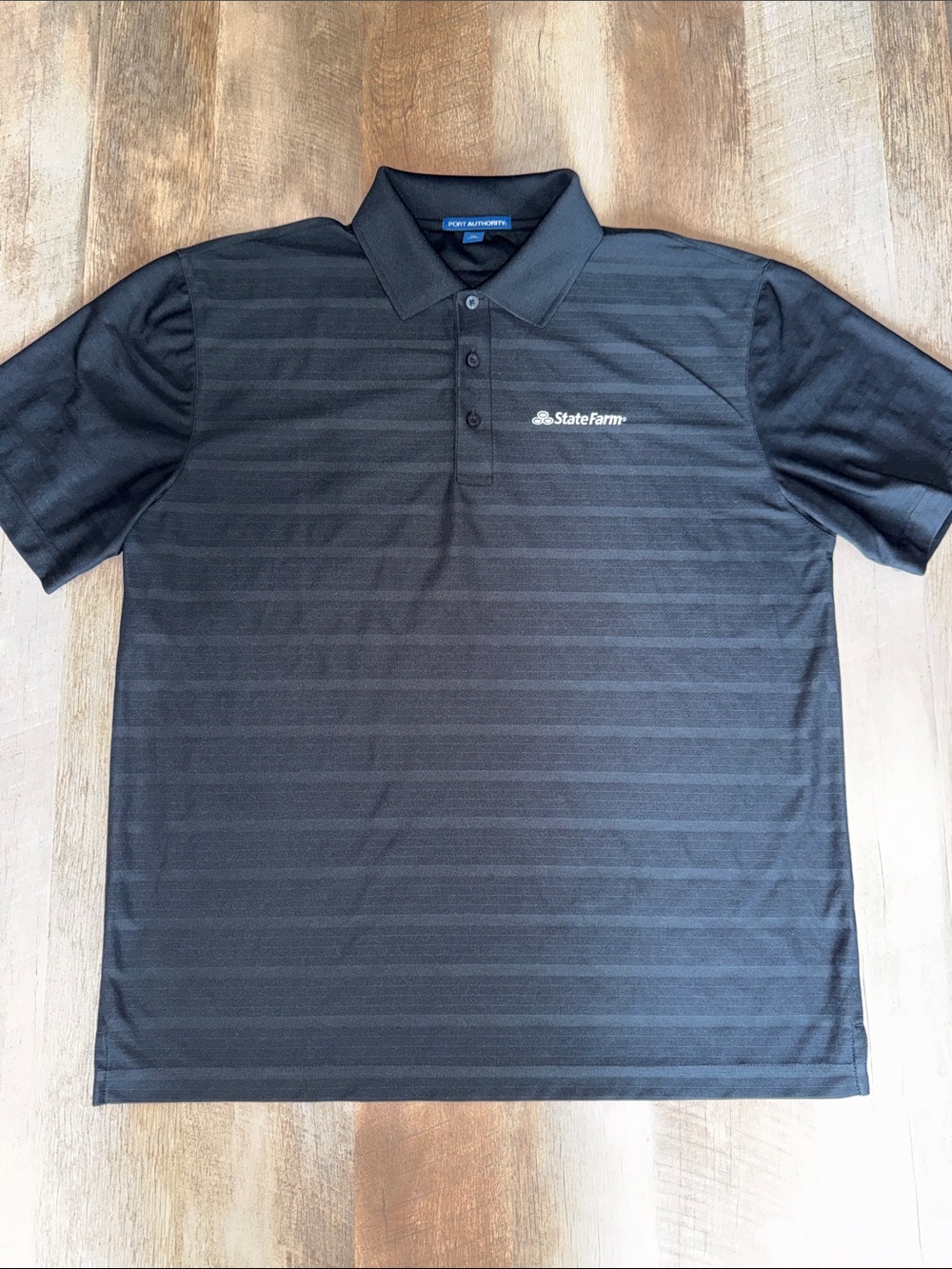 State Farm Port Authority Men's Black Striped Polo Shirt Large